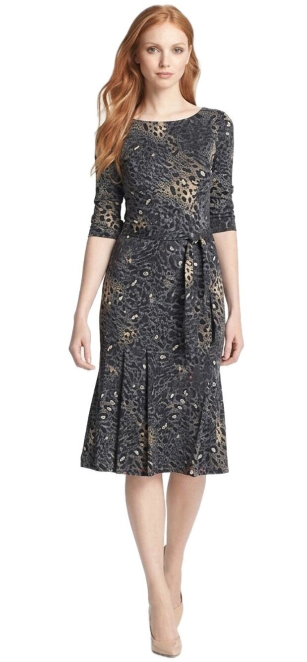 Tory Burch Denise Dress Blue Brown Abstract Leopard Print Pleated Midi XS